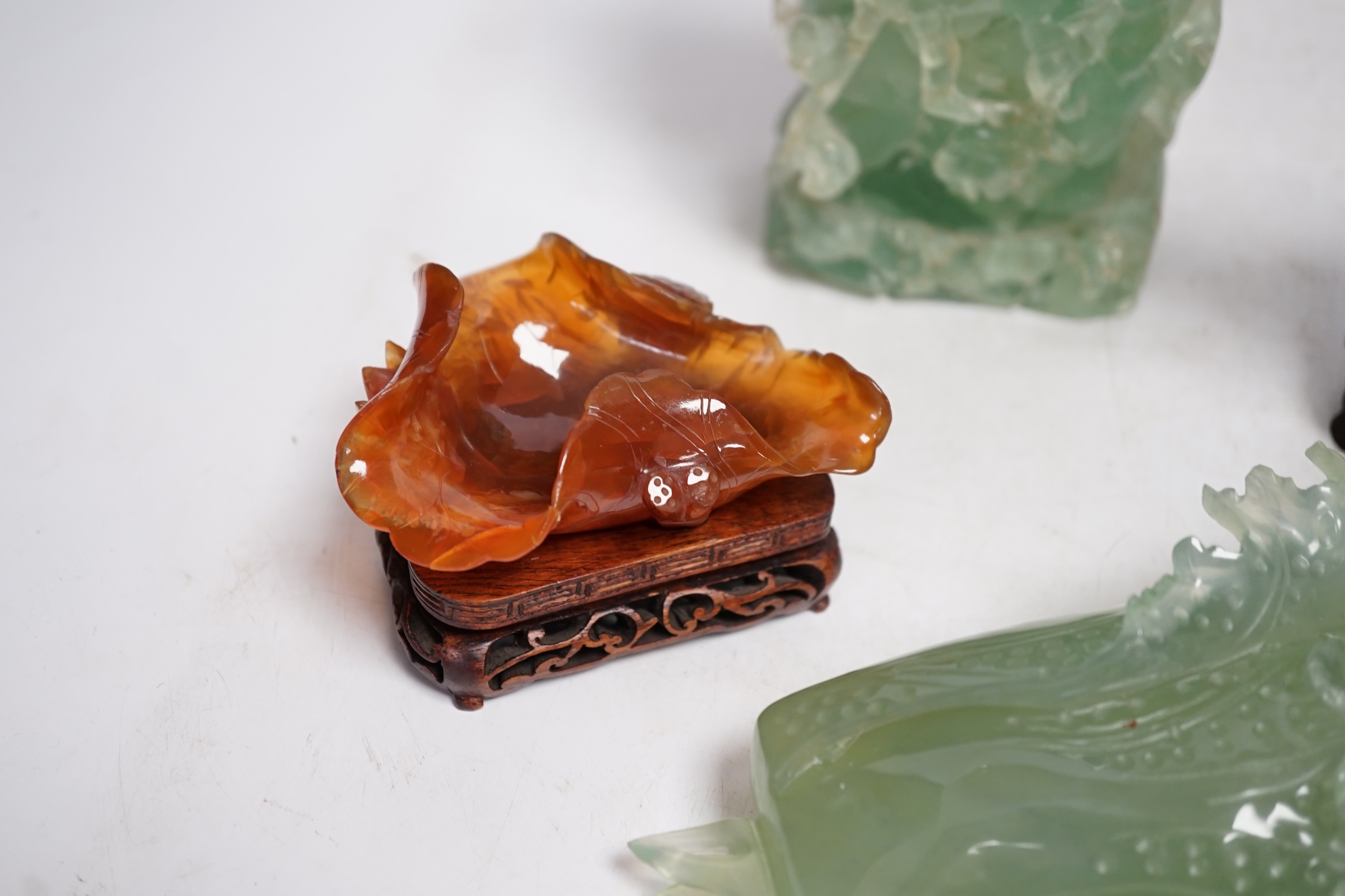 A group of five Chinese hardstone carvings, tallest 18cm. Condition - fair